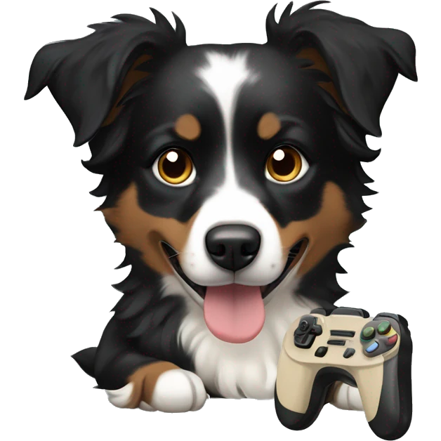 Small black australian shepherd dog with beige video game controller  emoji