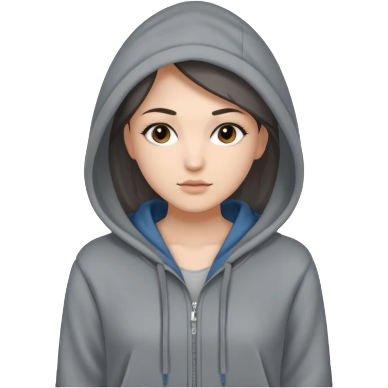 Sasha Gray in big gray hoodie full height emoji