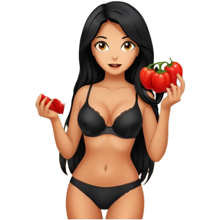 cooking, black long hair tanned woman, black bra and panties, spicy food, in kitchen  emoji
