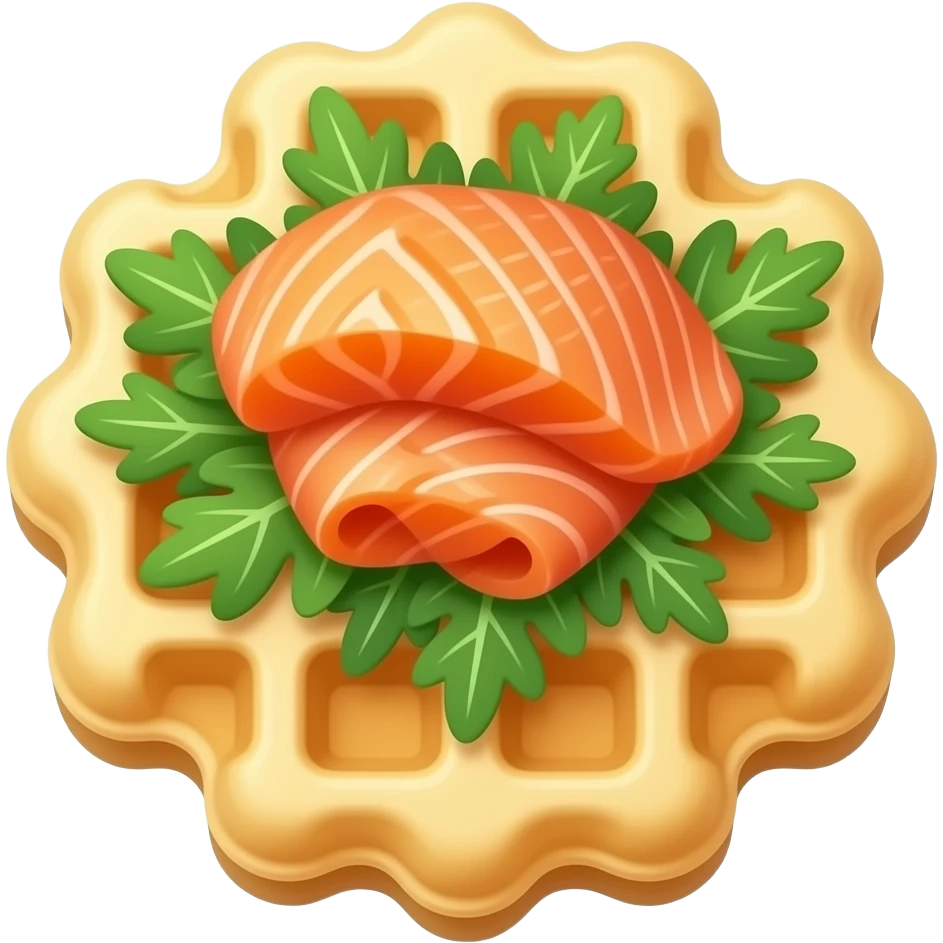 emoji of a waffle with salmon and arugula, soft golden waffle texture, fresh green arugula leaves, delicate slices of salmon, clean composition, soft shadows, warm tones, modern flat design, slightly realistic, high detail, centered on neutral background, no text emoji