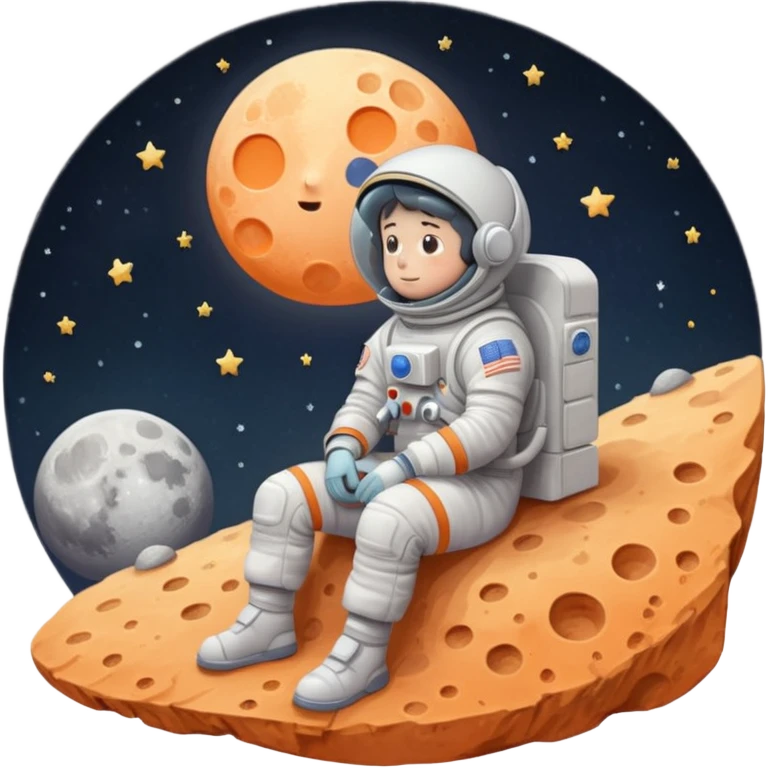A whimsical digital illustration of a cartoonish astronaut, delicately rendered in soft pastel hues, sitting on a tiny, cratered moon, lost in thought as they stare out into the vast, starry expanse of empty space, their bright orange emoji