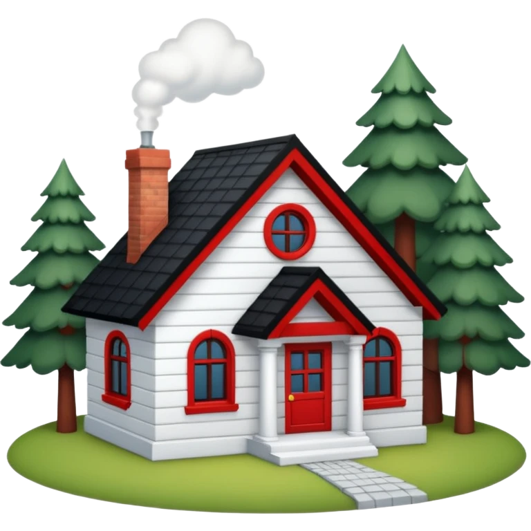 a one-story house with a forest background. The house is to have a white façade with red brick inserts.  the roof is to be black, gable. emoji