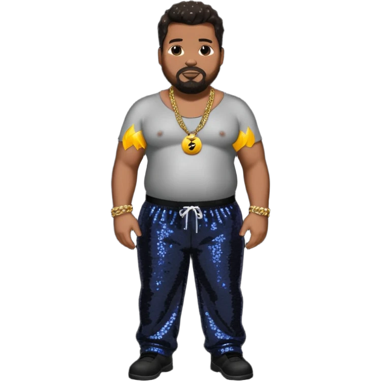 Fatman Scoop with dark brown hair, black sequin baggy pants, shirtless with necklace emoji