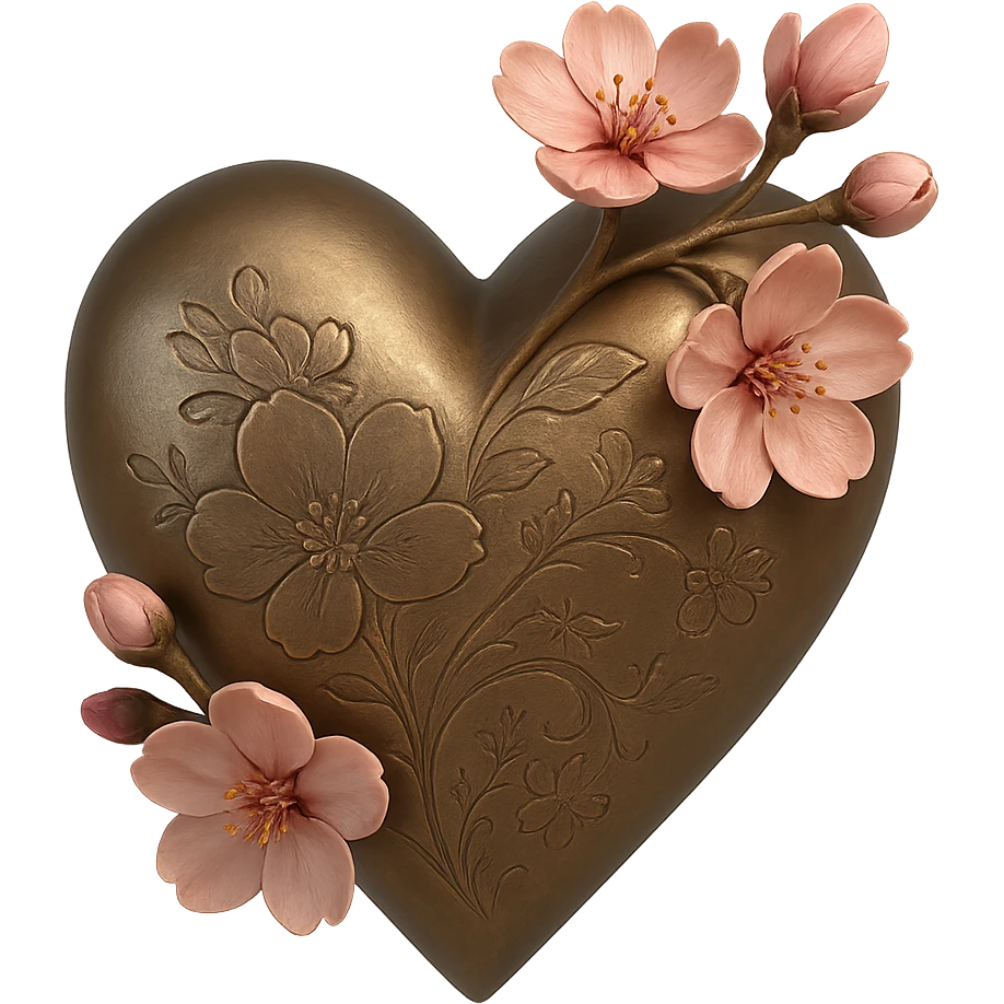 pink heart with sakura flowers, bronze style emoji