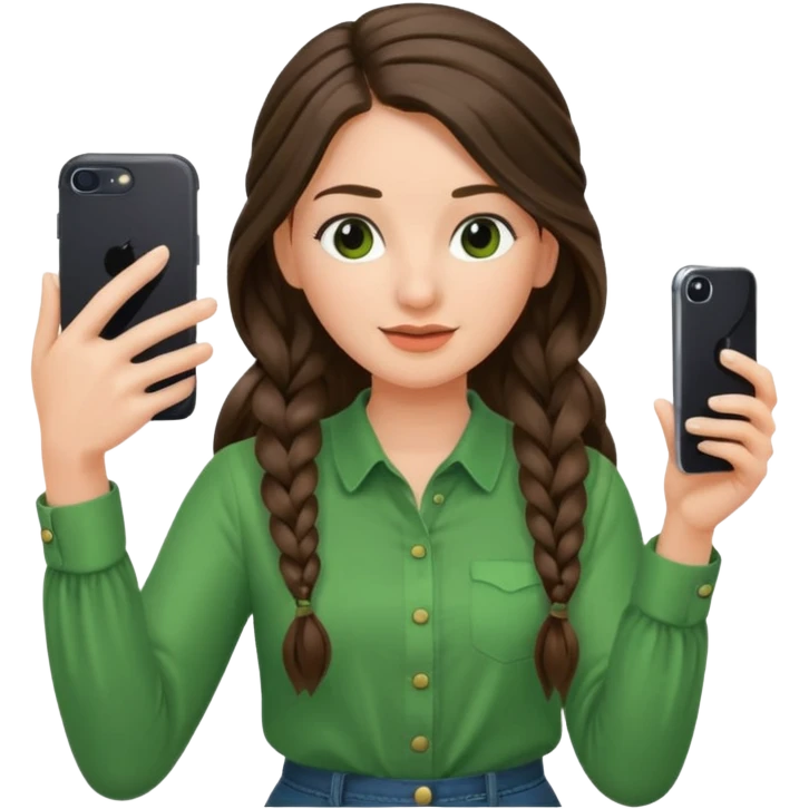 brunette long braided haired woman with green blouse holding her phone having selfie emoji