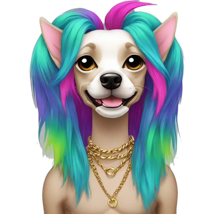 Punk Chinese crested dog neon rainbow hair gold chain punk piercings tattoos punk ear piercings emoji