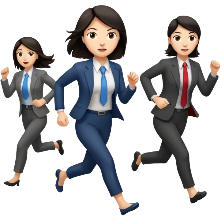 a female co-worker running and other co-workers chasing her  - female co worker with dark hair way in front... others far behind emoji