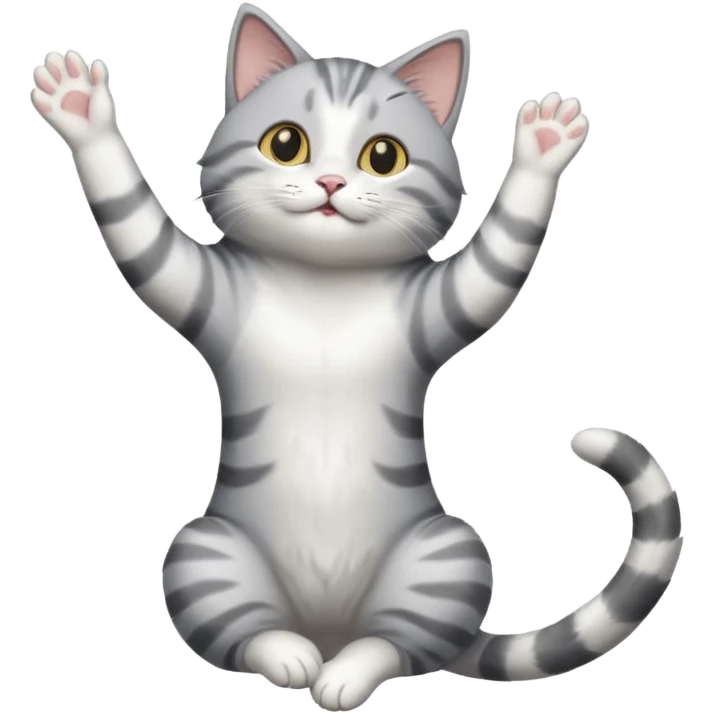 grey and white cat doing a big long stretch reaching up into the air emoji