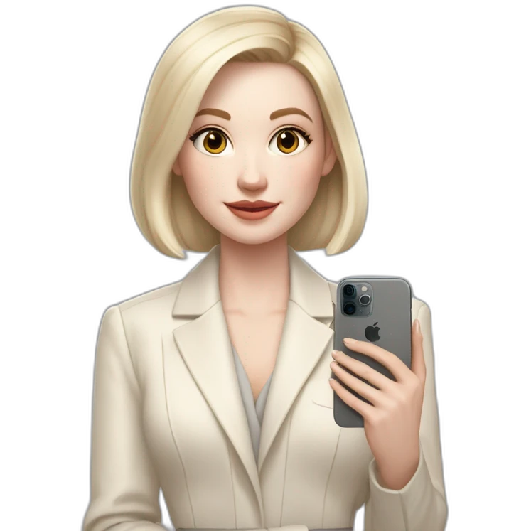pale skin woman with ash blonde Straightened bob Hair, White Spacious classical jacket, beige palazzo Arrow pants and gray blouse holding white IPhone 15 pro in the hands emoji