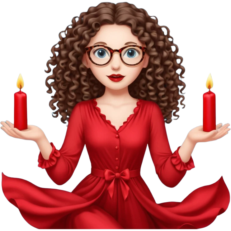 a blue eyed woman with very long brunette curly hair, full lips,and really pale skin. She is wearing a leopard printed thin round-ish glasses . She is wearing fully plain silky red dress. She is flying on the air. There are red candles in her hands. She is making a magic. emoji