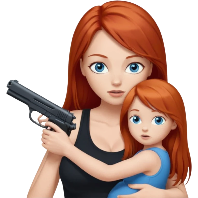 A red head with long straight hair, she has blue eyes with big boobs. She’s wearing a black tank top and holding a gun up in one hand and a baby boy with blue eyes sucking on one of her boobs in the other arm emoji