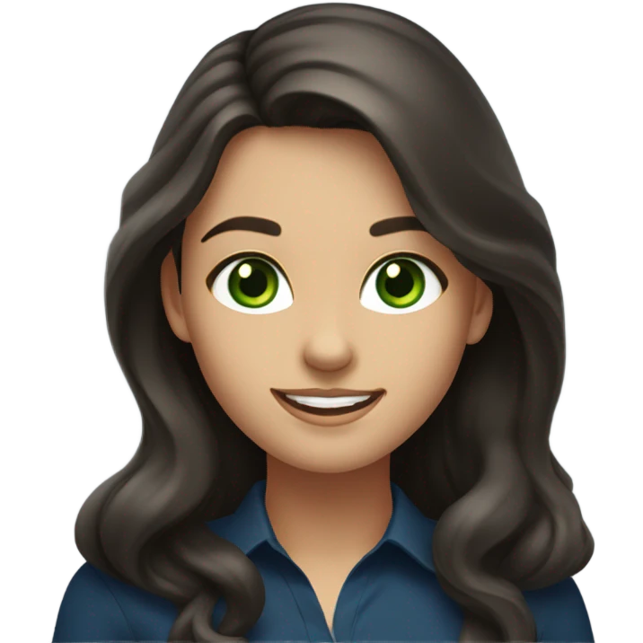 a brunette with long hair and green eyes in a dark blue blouse smiles sweetly emoji