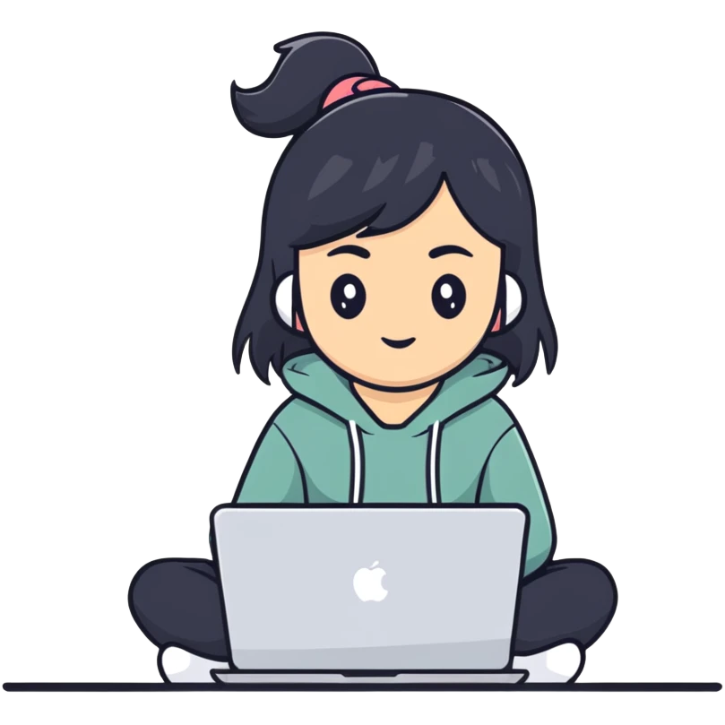Asian girl with black hair sitting and watching a MacBook laptop emoji