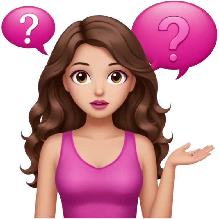 girl with long wavy brown hair, brown eyes, long lashes makeup, sexy pink lips, light to medium complexion, wearing a pink sexy top, shugging, question mark one speech bubble emoji