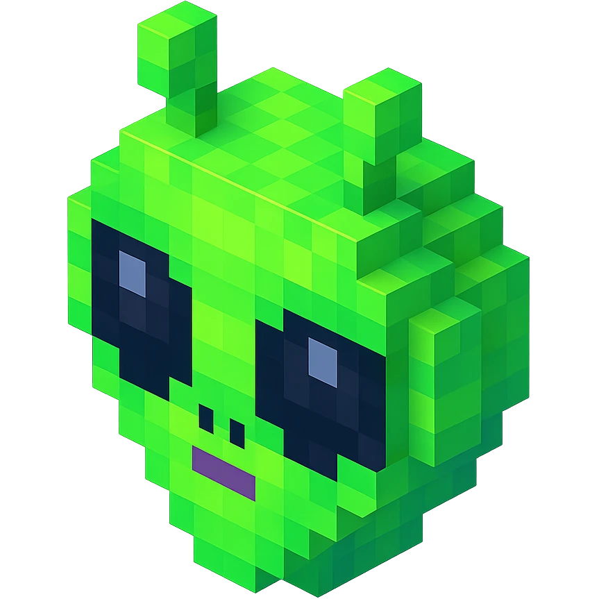 alien with classic green skin and big black eyes, isometric view emoji
