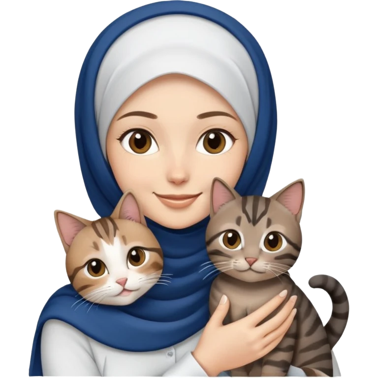 White girl wearing dark blue hijab with white shirt smiling while holding a black grey brown tabby cat emoji