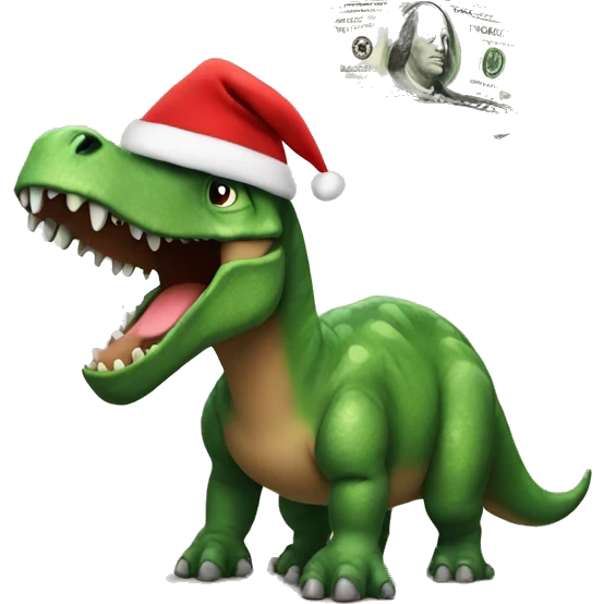 a dinosaur with money and a christmas hat emoji