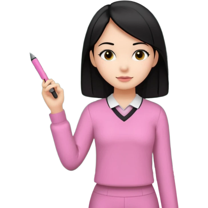 a girl with black straight like hair wearing pink not hot pink 2 piece set teaching up on a board emoji