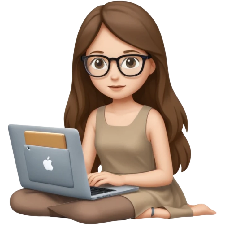 Girl in glasses,brown long hair, beige dress, sitting with gray MacBook emoji
