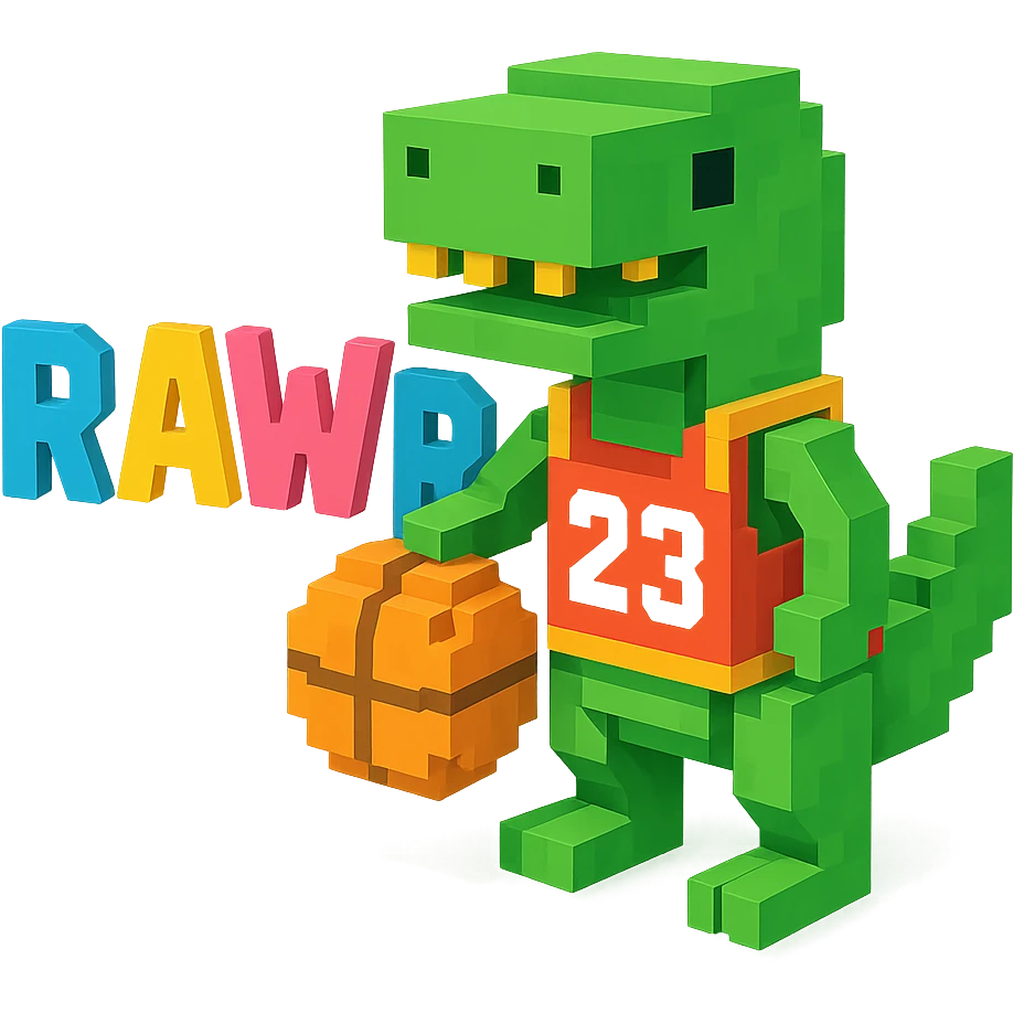 надпись "RAWR" и динозавр с баскетбольном мячом в майке с надписью "23", no background  emoji