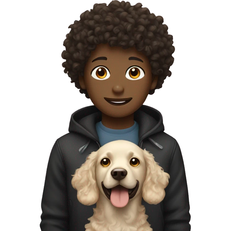 A curly haired boy and a black Labrador emoji