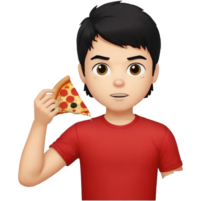 generate a pretty fair bratz boy with a messy mullet (black hair), wearing a red tshirt. eating pizza. He has big biceps emoji