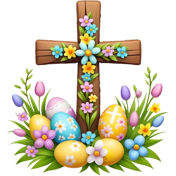Easter cross decorated with spring flowers and Easter eggs emoji