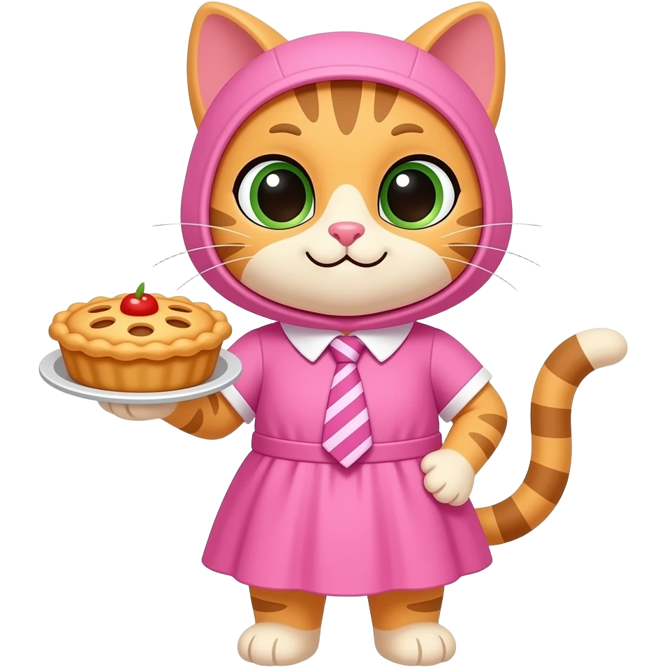 Cartoon mother cat wearing a pink dress and a tie around it's head holding a pie emoji