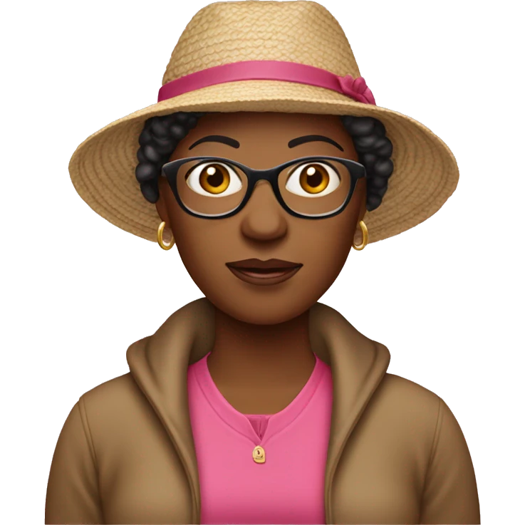 55-year-old Jamaican woman with dark red colored short hair, pink sweater and brown glasses wearing beach hat emoji