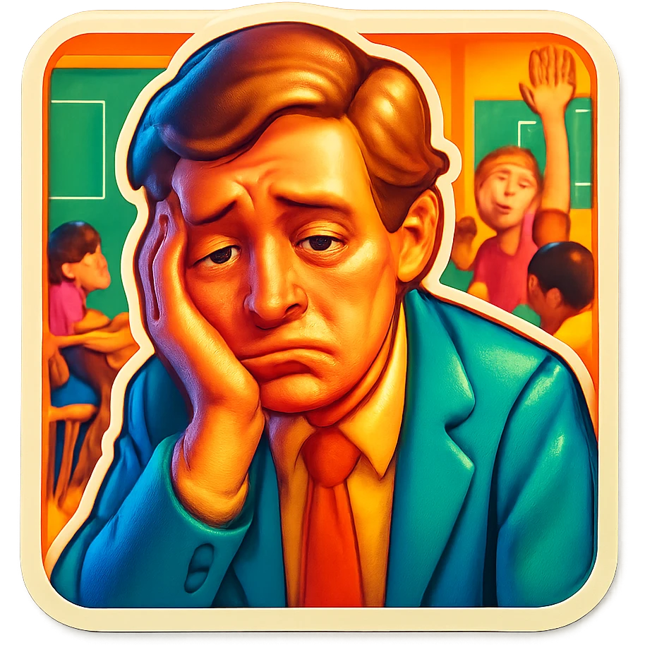 exhausted teacher in a bustling classroom emoji