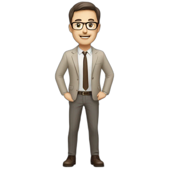 Full height Actively gesturing with hands Pale skinned fit man with dark brown hair in gray jacket, beige office shirt, brown tie, brown pants and vintage glasses. emoji