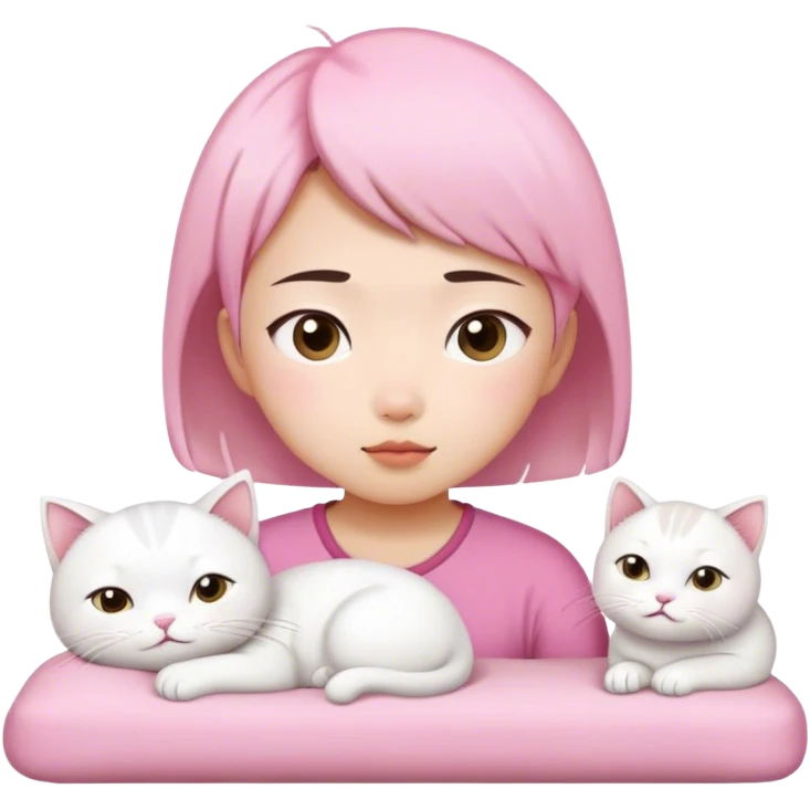 Short hair Asian girl wear in pink wake up with white cat  emoji