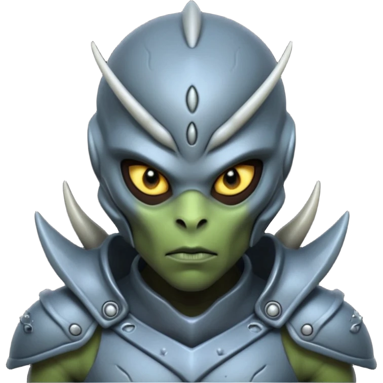 Portrait of a warrior alien with armored skin, glowing scars, sharp features, piercing eyes, and intense expression, front-facing emoji