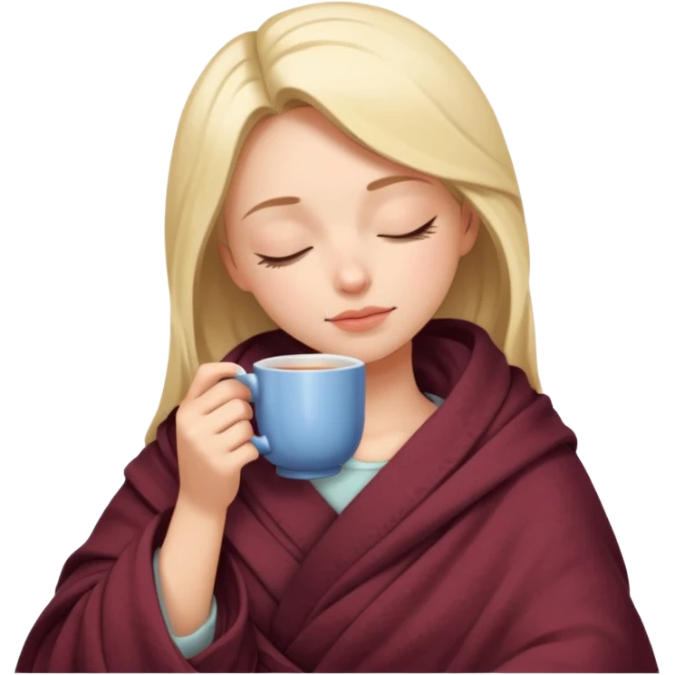 Girl wrapped in blanket eyes closed sipping tea emoji
