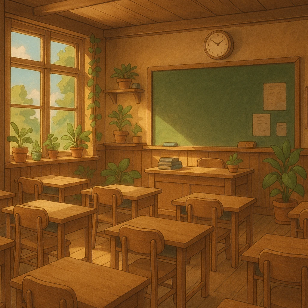 ghibli style cozy classroom with soft lighting, wooden furniture, and plants emoji