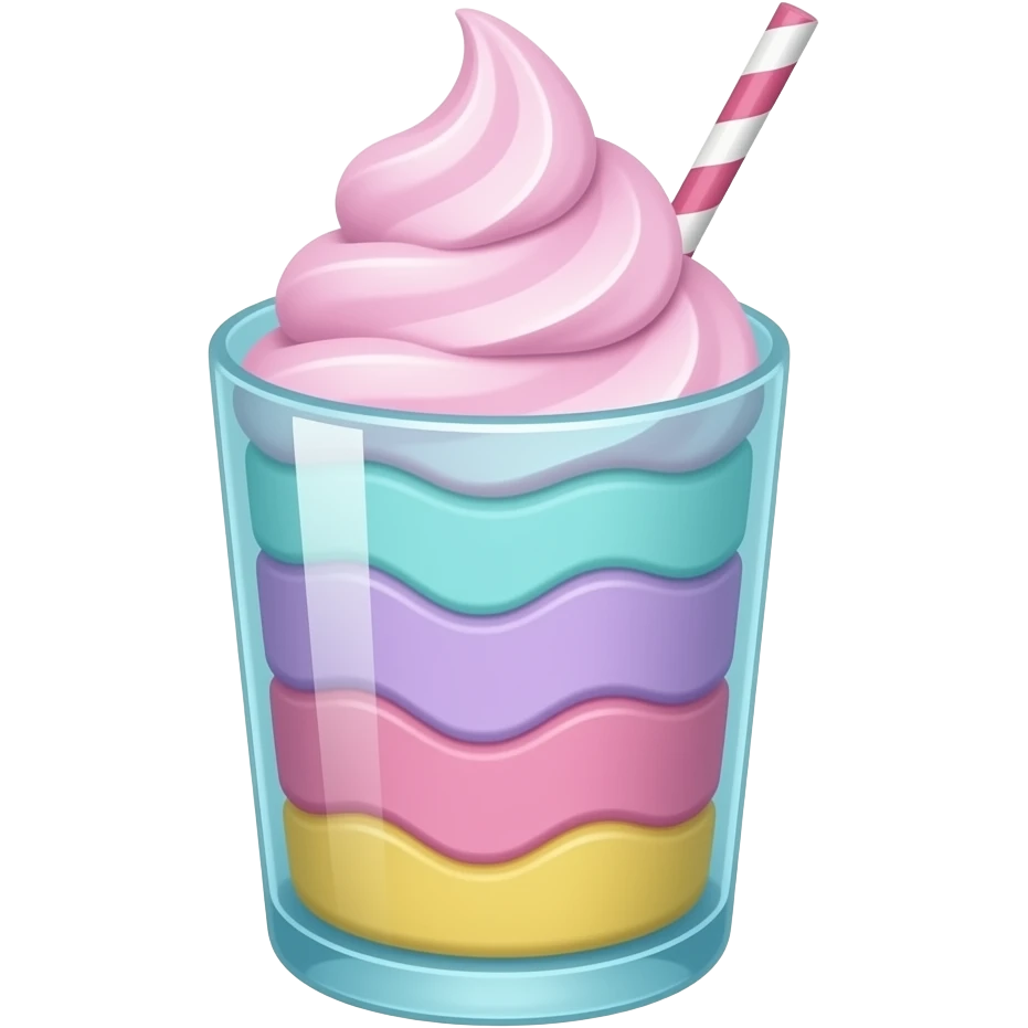 sundae dans un verre transparent, multicolore pastel clair, turquoise mauve rose jaune, étagé emoji