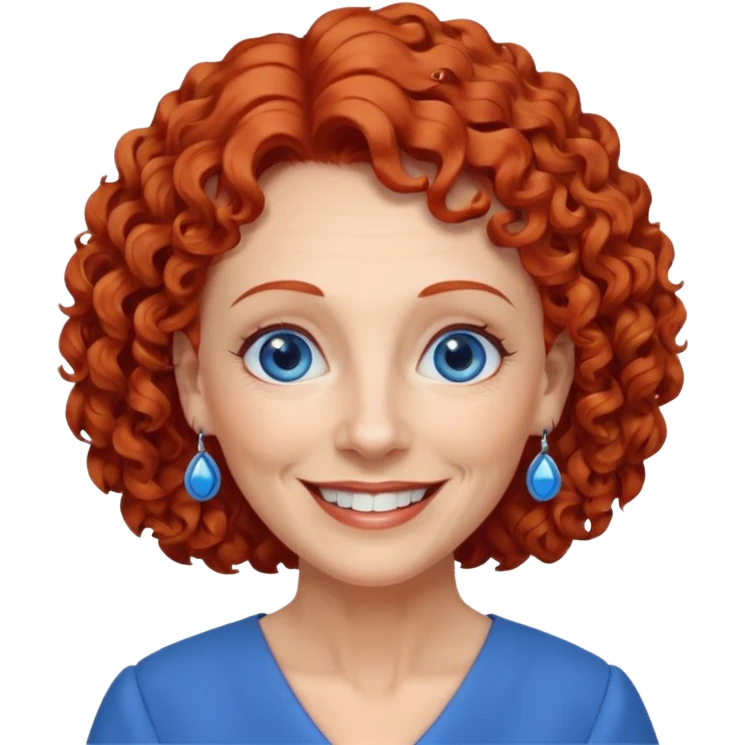 una profesora mayor simpática con el pelo rojo rizado, ojos azules, vestido azul y pendientes azules hablando altura completa sonriendo con los dientes emoji