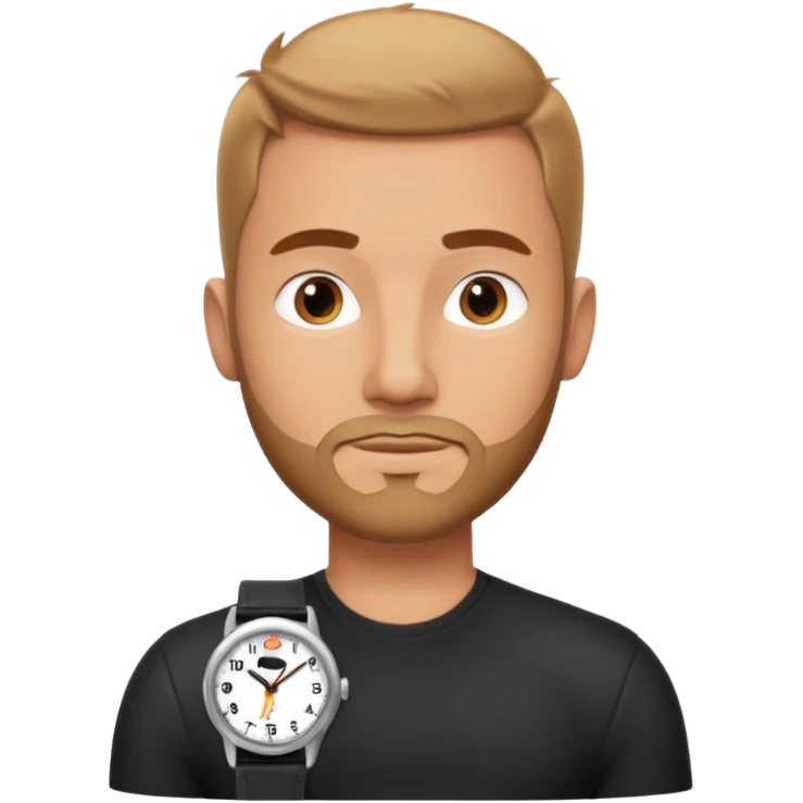 bearded man wearing a black strap watch portrait, head and shoulders only, oval face, short beard, relaxed confident look, black leather strap watch visible, 3D cartoon, mobile game icon style, clean background, no text, no watermark
 emoji