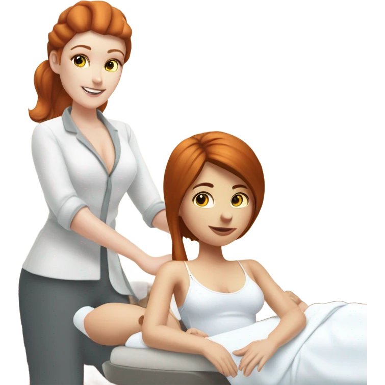 A snowman giving a hot Auburn haired white Scientist girl a massage on the table ￼ emoji