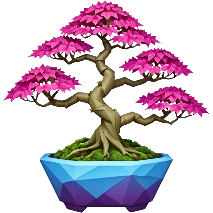 Futuristic wild alien moss maples Bonsai hair-fine-leaf group crimson crystal azalea purple and cream pink blue forest planting in shallow origami style pot  emoji