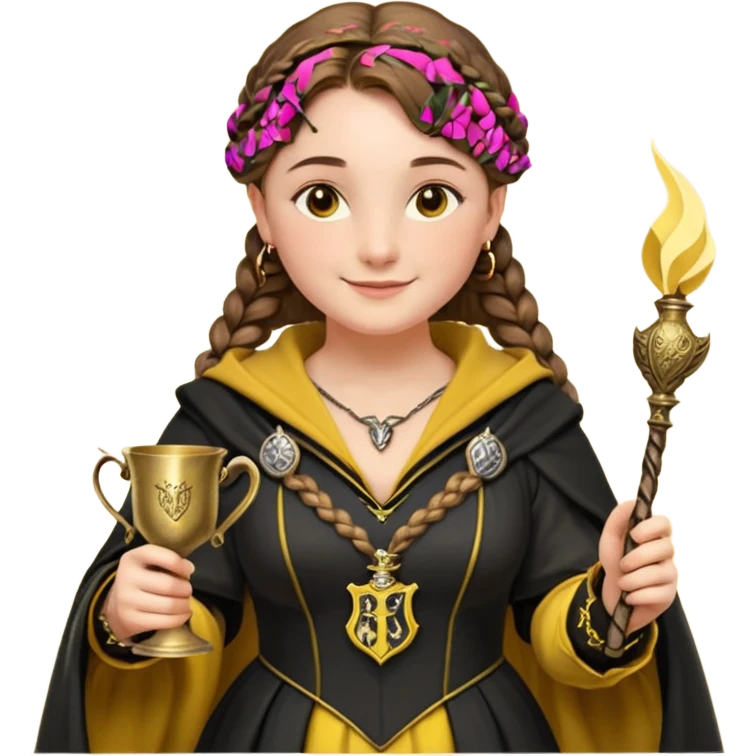 Helga Hufflepuff,the Hogwarts founder of Hufflepuff,brown-haired,2braids,yellow-black medieval dress with black cloak decorated with gold braiding,flickering magic wand and tiny two-handled shiny gold cup engraved with the badger silhouette,very kind smile,curvy busty sweet emoji