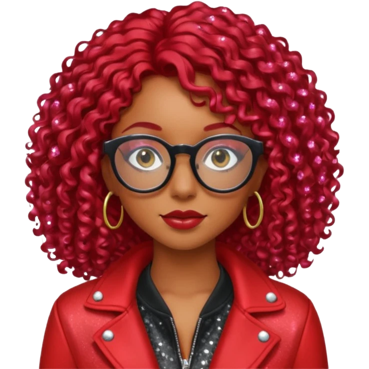 Sexyy red brown skin girl with red hair  black glasses long curly with glitter red jacket  emoji