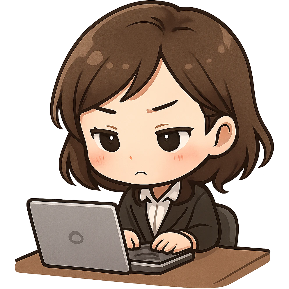 chibi style cute Asian lady with brown hair, concentrating on her work at a desk, with a keyboard and a laptop emoji
