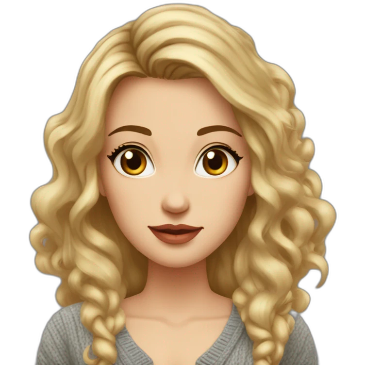 Woman, Late 30s, oval face, high cheekbones, small forehead wrinkles, hazel eyes, long dark roots hair with blond highlights, wearing cardigan emoji