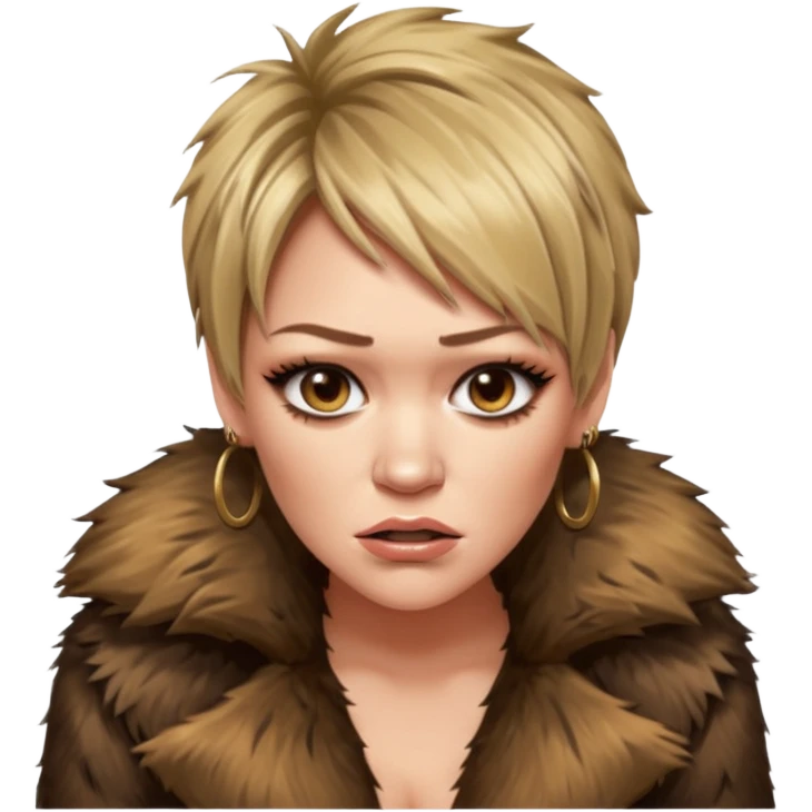 Cinematic realistic ultra HD angry, moody, glamorous, extremely made-up Hilary Duff, extremely skinny in a shaggy fur coat with a bronze glow emoji