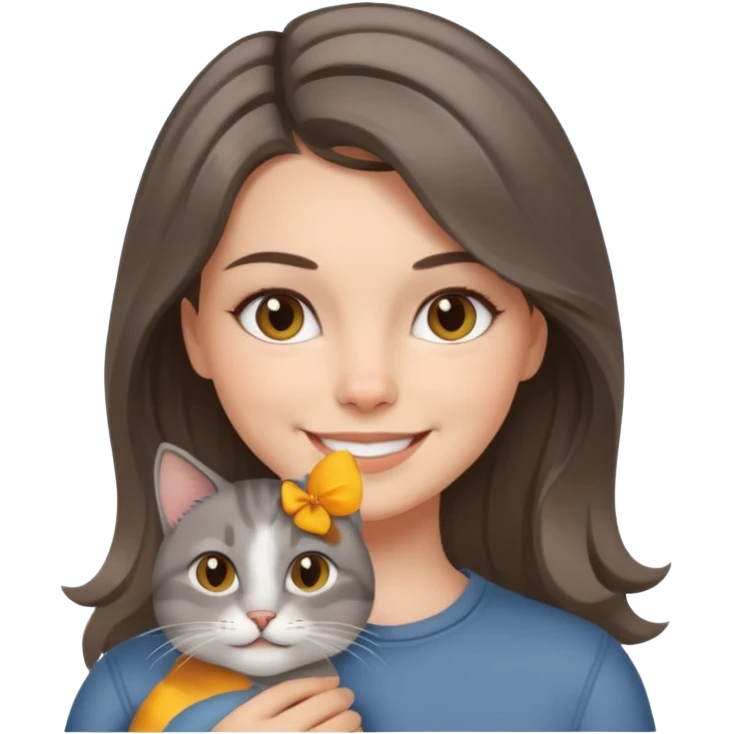 White brunette with balayage and her Grey cat  emoji