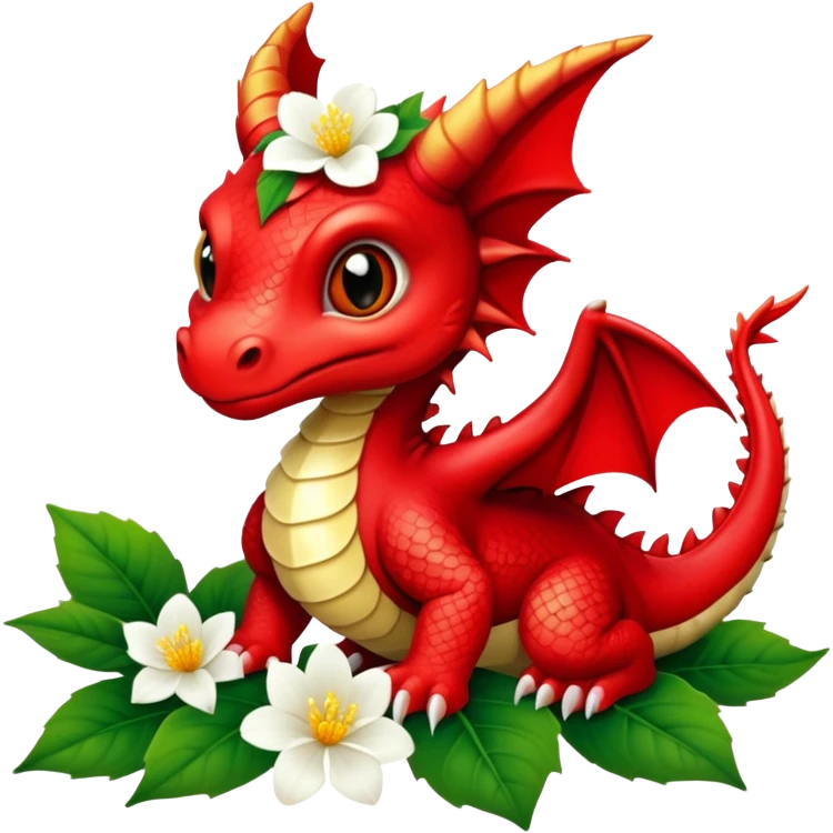 Red Baby dragon with sampaguita flower and leaves emoji