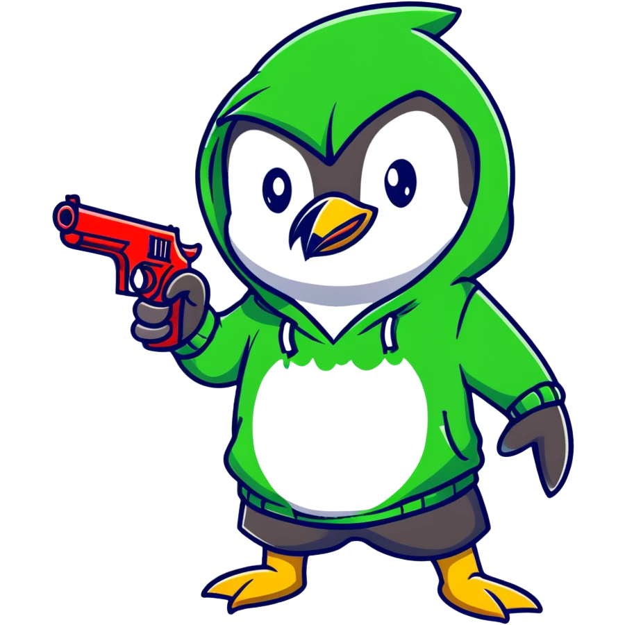 A cute half-dolphin half-penguin thug character with a gun, wearing a blood-splattered green hoodie and Dollar General shorts emoji