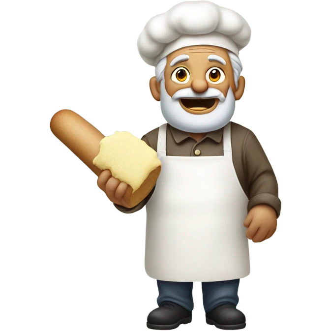 Grandfather as a baker, but something went wrong  and he is al covered with butter and flower emoji