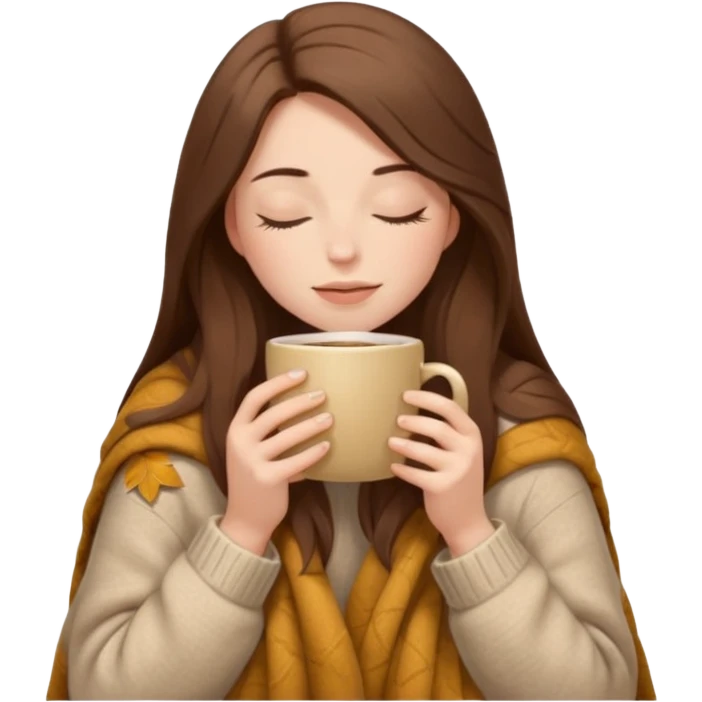 long brown hair woman closed eyes hiding under a cozy wool beige blanket, holding cup of coffee, autumn mood emoji